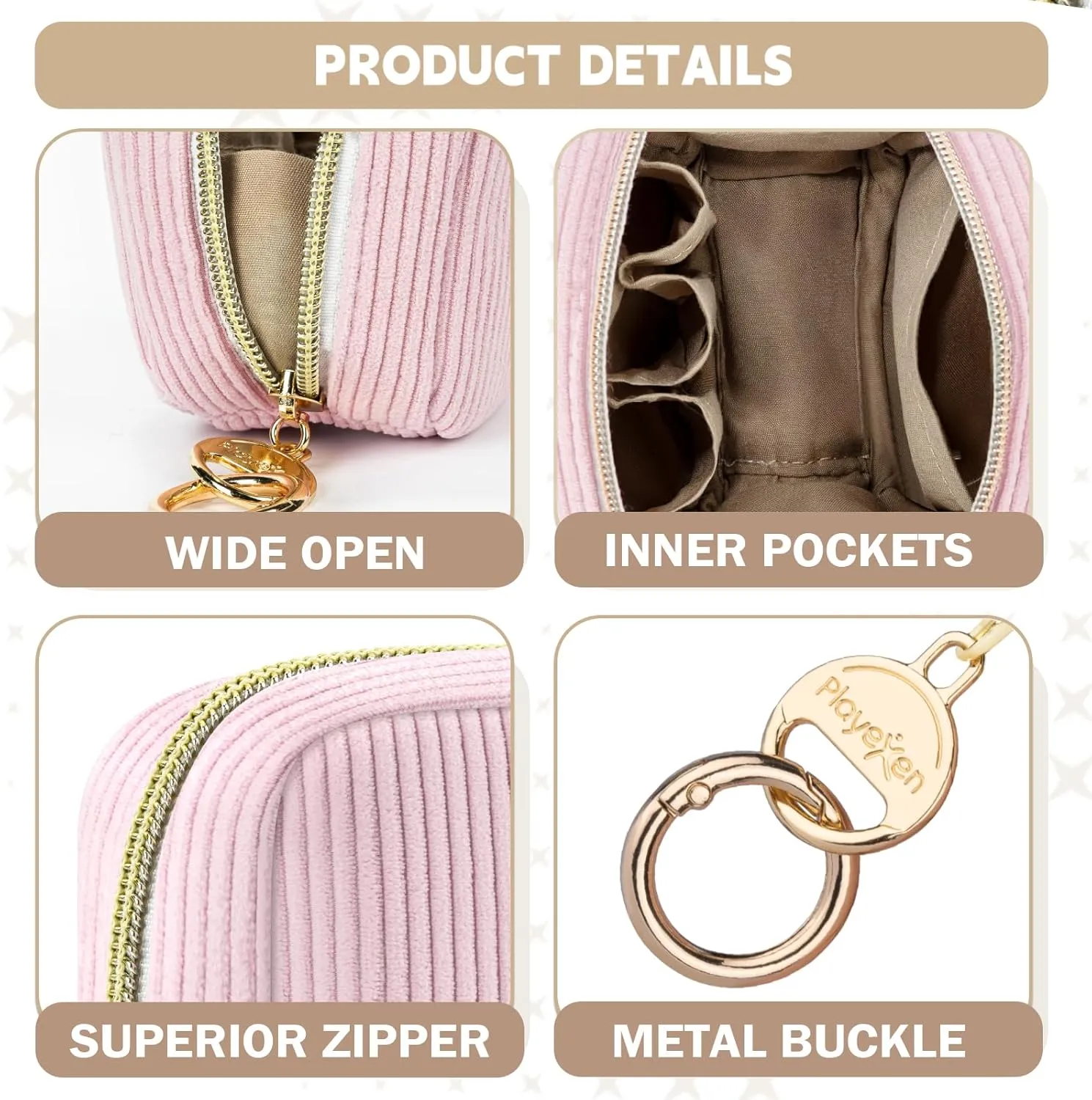 2 Pack Small Makeup Bag for Purse, Corduroy Mini Cosmetic Pouch with Ring Buckle & 4 Inner Pockets, Portable Travel Makeup Pouch for Lipsticks, Coins, Earphone (Black Beige)