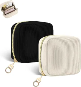 2 Pack Small Makeup Bag for Purse, Corduroy Mini Cosmetic Pouch with Ring Buckle & 4 Inner Pockets, Portable Travel Makeup Pouch for Lipsticks, Coins, Earphone (Black Beige)