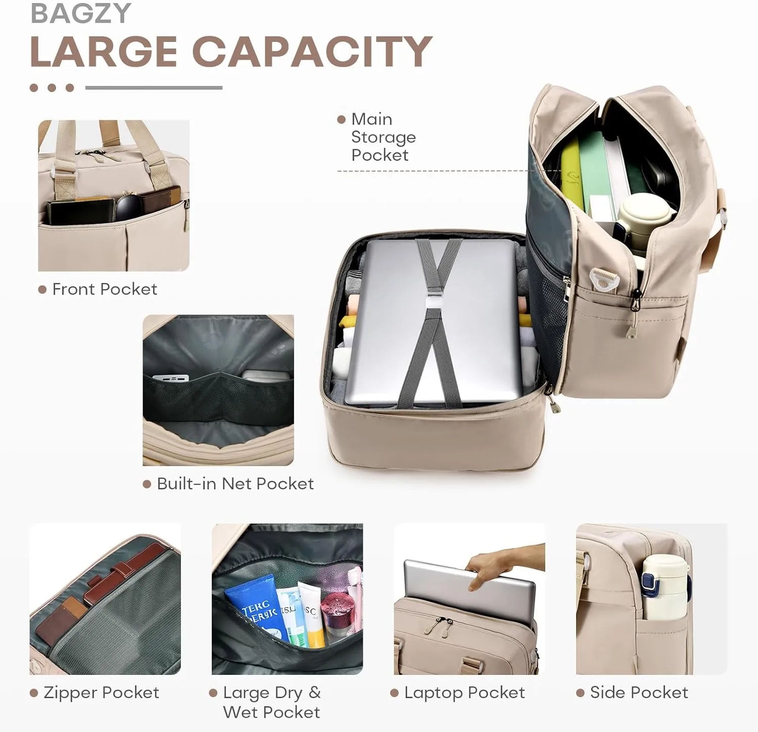 BAGZY Weekender Bags for Women Expandable 20L to 30L Lightweight Personal Item Travel Bag with Wet Pocket Gym Travel Duffel Bag Men for Overnight Hospital Carry on Bags for Airplanes Camel