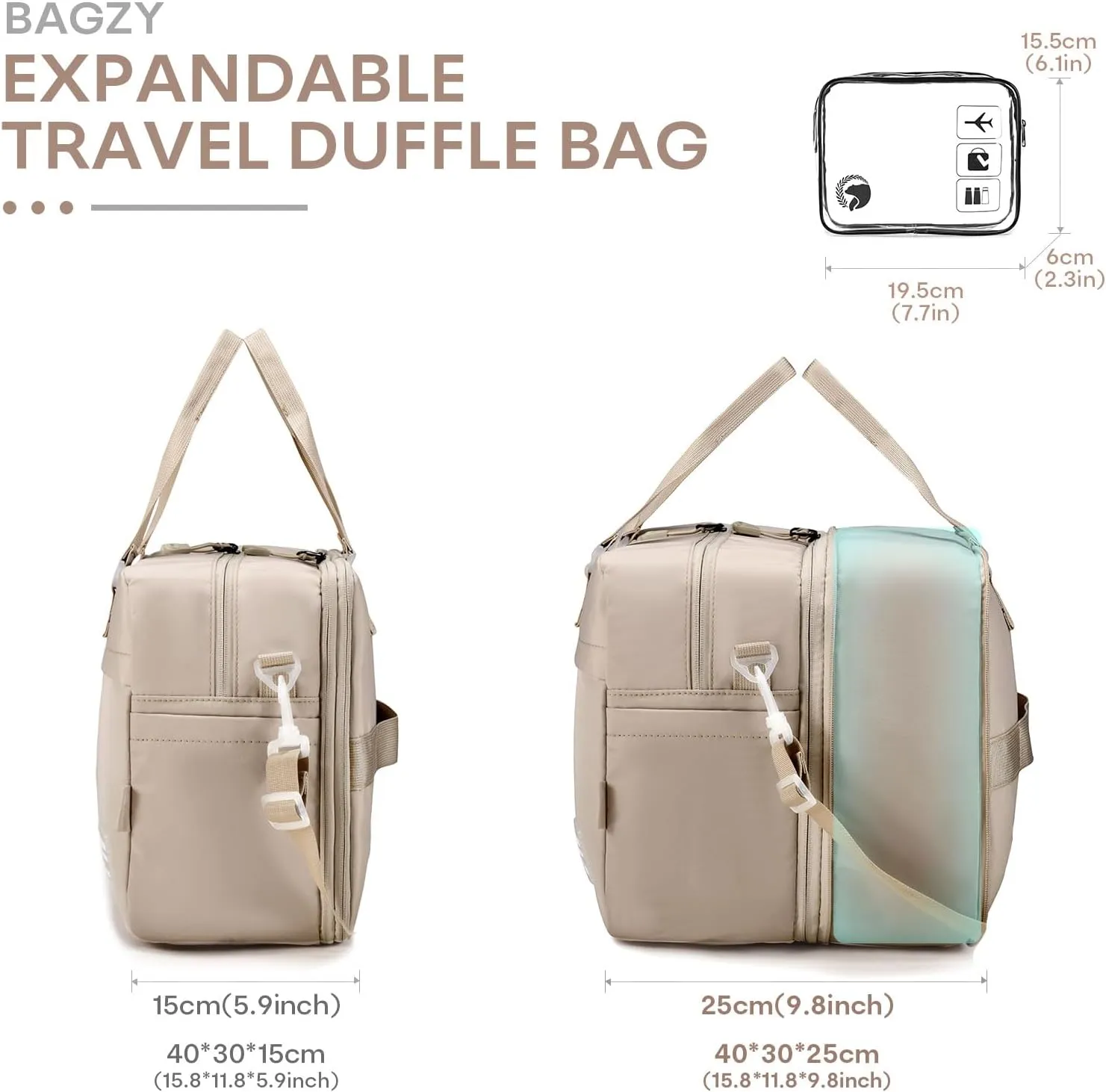 BAGZY Weekender Bags for Women Expandable 20L to 30L Lightweight Personal Item Travel Bag with Wet Pocket Gym Travel Duffel Bag Men for Overnight Hospital Carry on Bags for Airplanes Camel