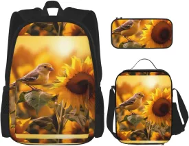 Birds & Sunflower print 3-Piece Casual Backpack Set (Backpack   Waist Bag   Small Pouch), Unisex Daypack