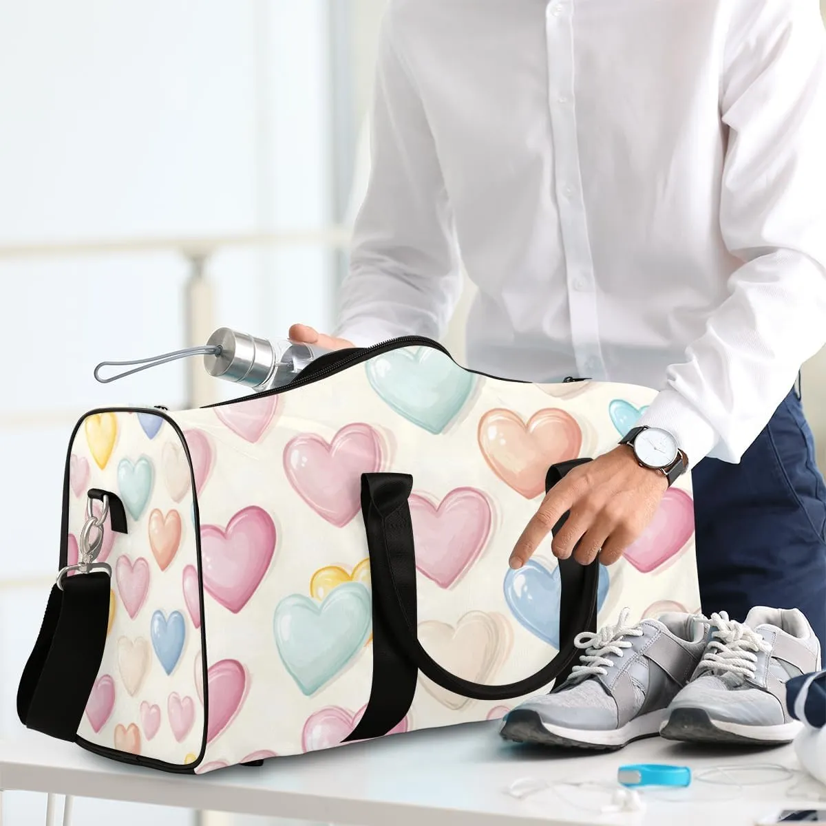 Colorful Heart Travel Duffle Bag for Women Men Gym Duffel Foldable Bag Waterproof Weekender Rainbow Romantic Duffle Tote