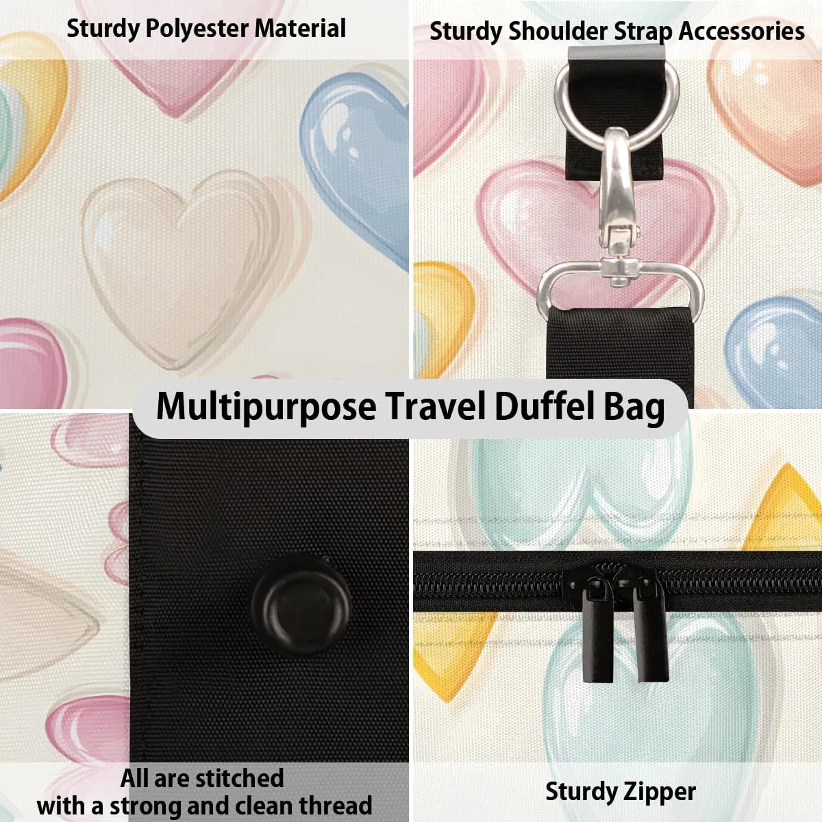 Colorful Heart Travel Duffle Bag for Women Men Gym Duffel Foldable Bag Waterproof Weekender Rainbow Romantic Duffle Tote