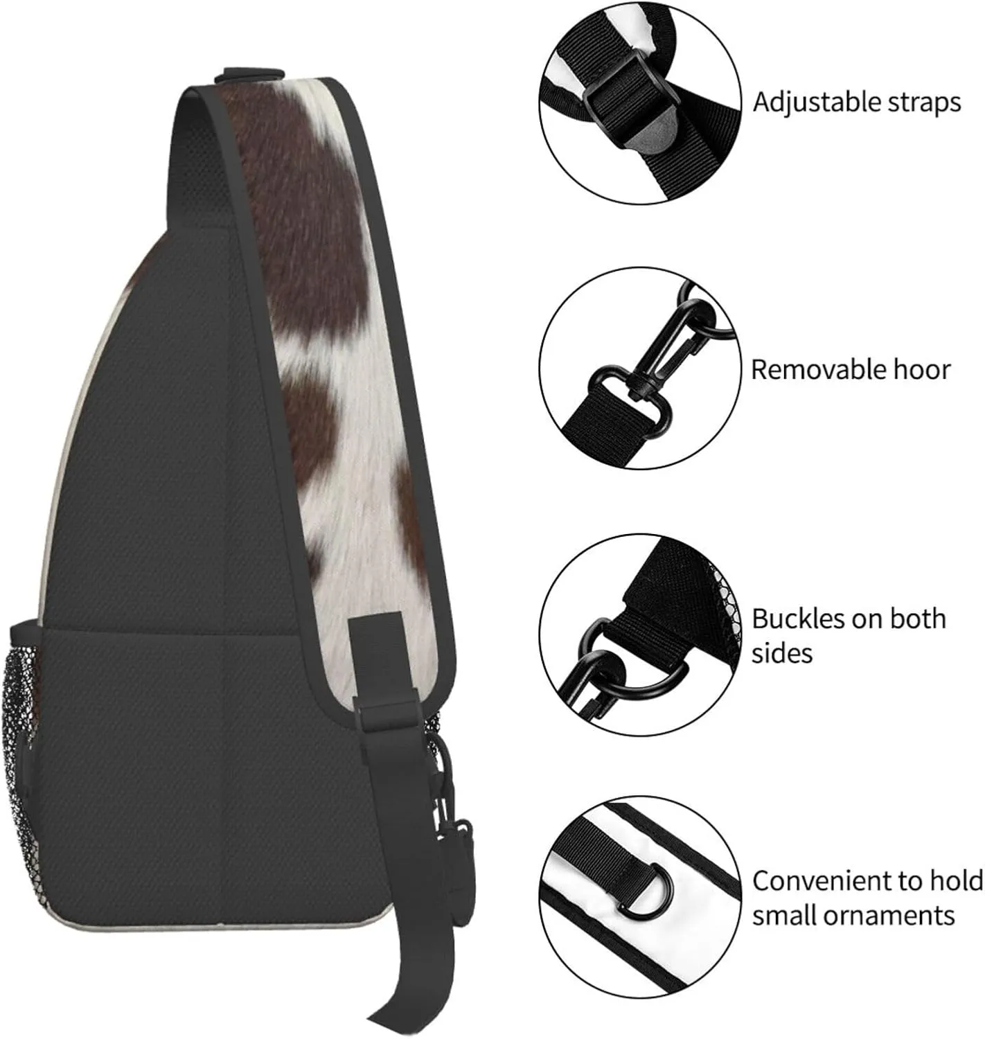Cow Print Sling Bag for Women Crossbody Bag Brown White Cow Fur Texture Animal Skin Print Sling Backpack for Men Cute Farmhouse Cowhide Pattern Shoulder Bag Sports Travel Hiking Daypack