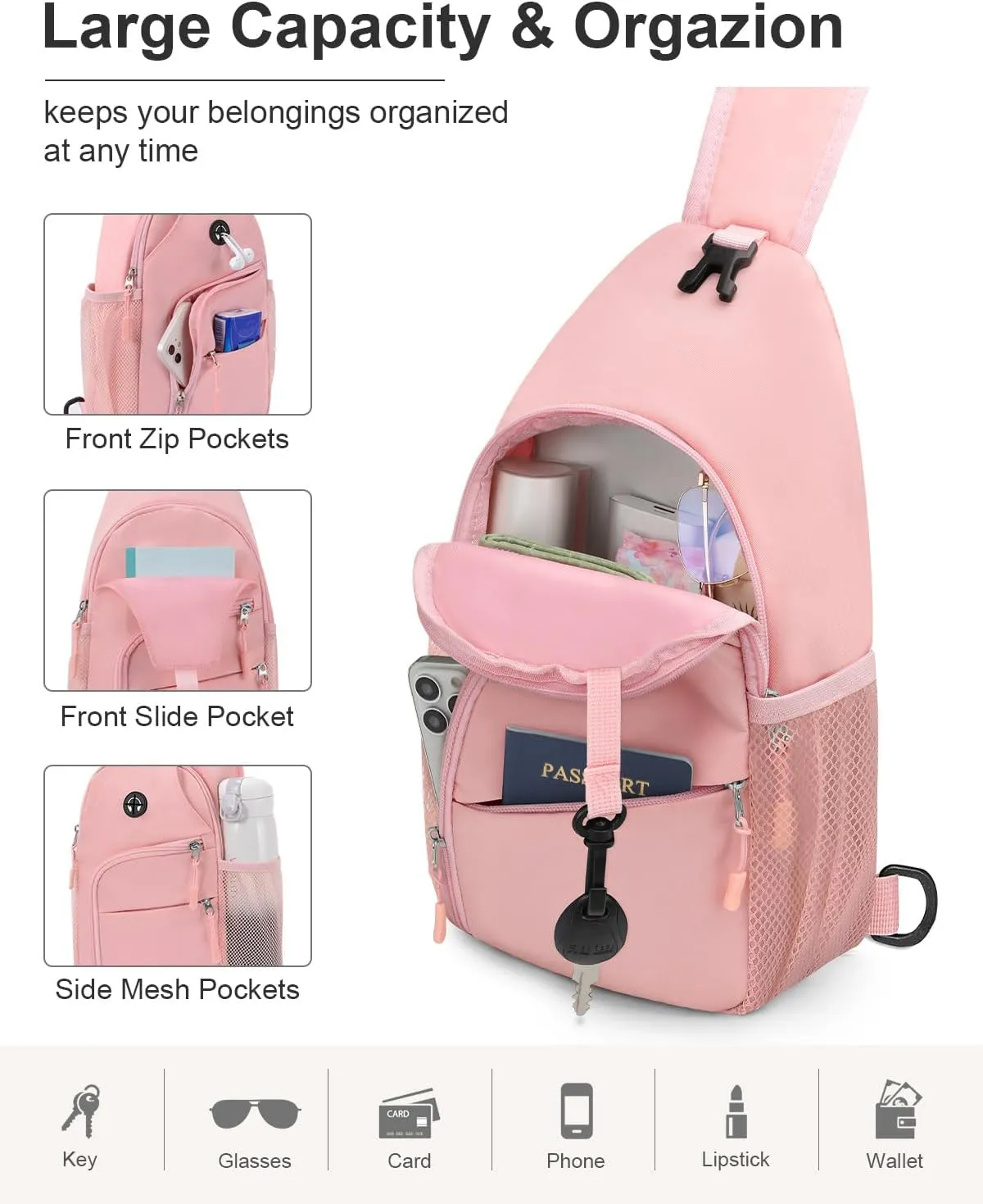 Crossbody Bags for Women Man Waterproof Sling Bag Backpack Trendy Casual Cross Body Bag with Convertible Shoulder Strap Chest Bag for Camping Hiking Travel Essentials (Pink, Medium)