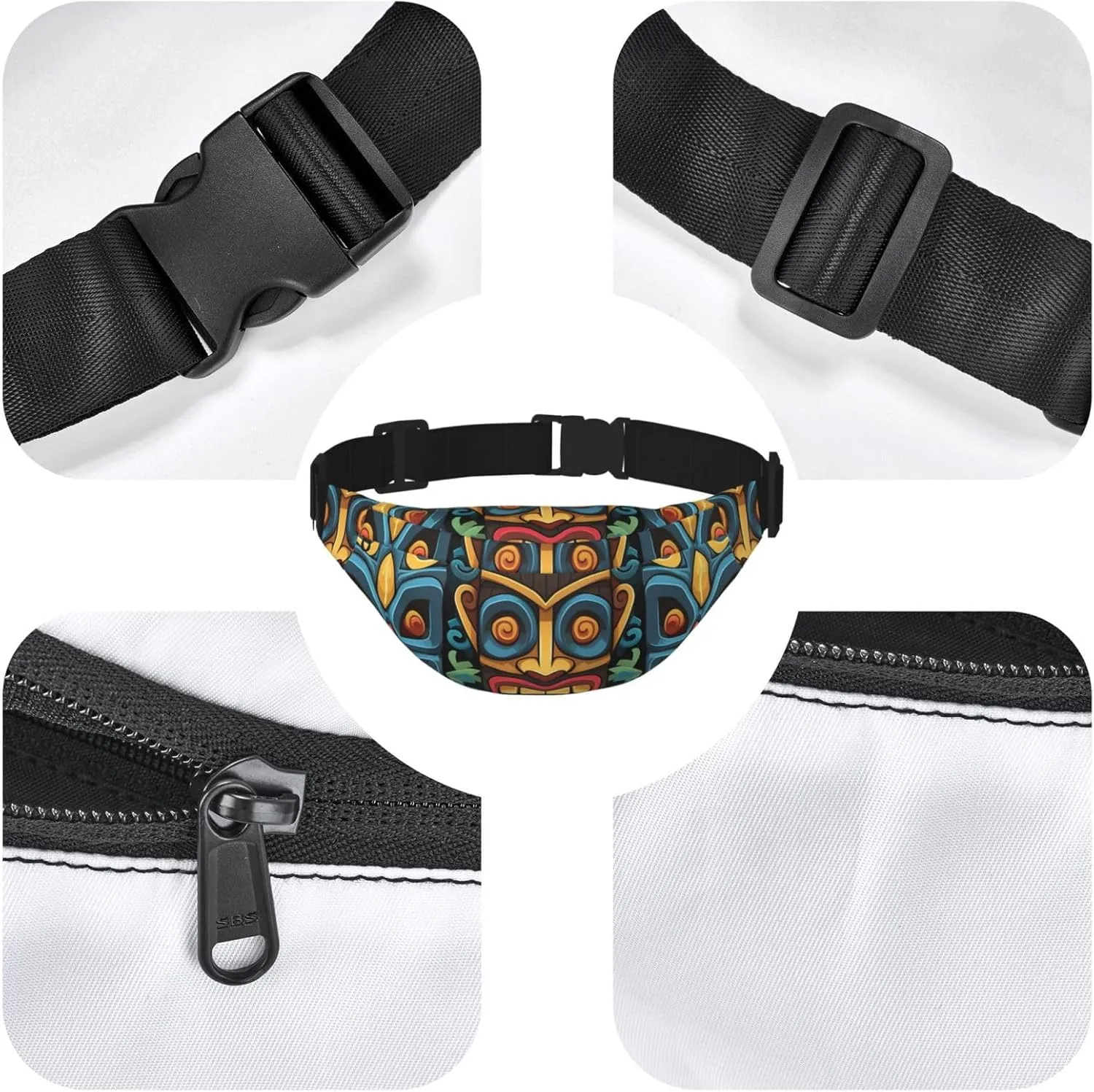 Fanny Pack Belt Bag for Women Men Waterproof Waist Pack Cool Steampunk Gears Waist Bag with Adjustable Strap, Colorful Tiki Mask Pattern, One Size