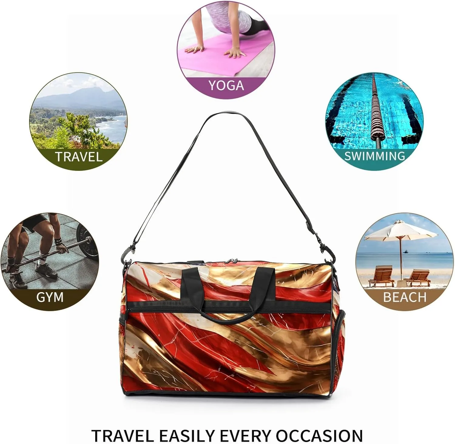 Gym Bag for Women Men, Yoga Bag with Shoe Pocket, Travel Duffel Tote Bag for Plane, Workout, Swimming, Weekend Overnight Bag Carry on Bag Hospital Holdalls, American Flag Marble Gold Red - 2