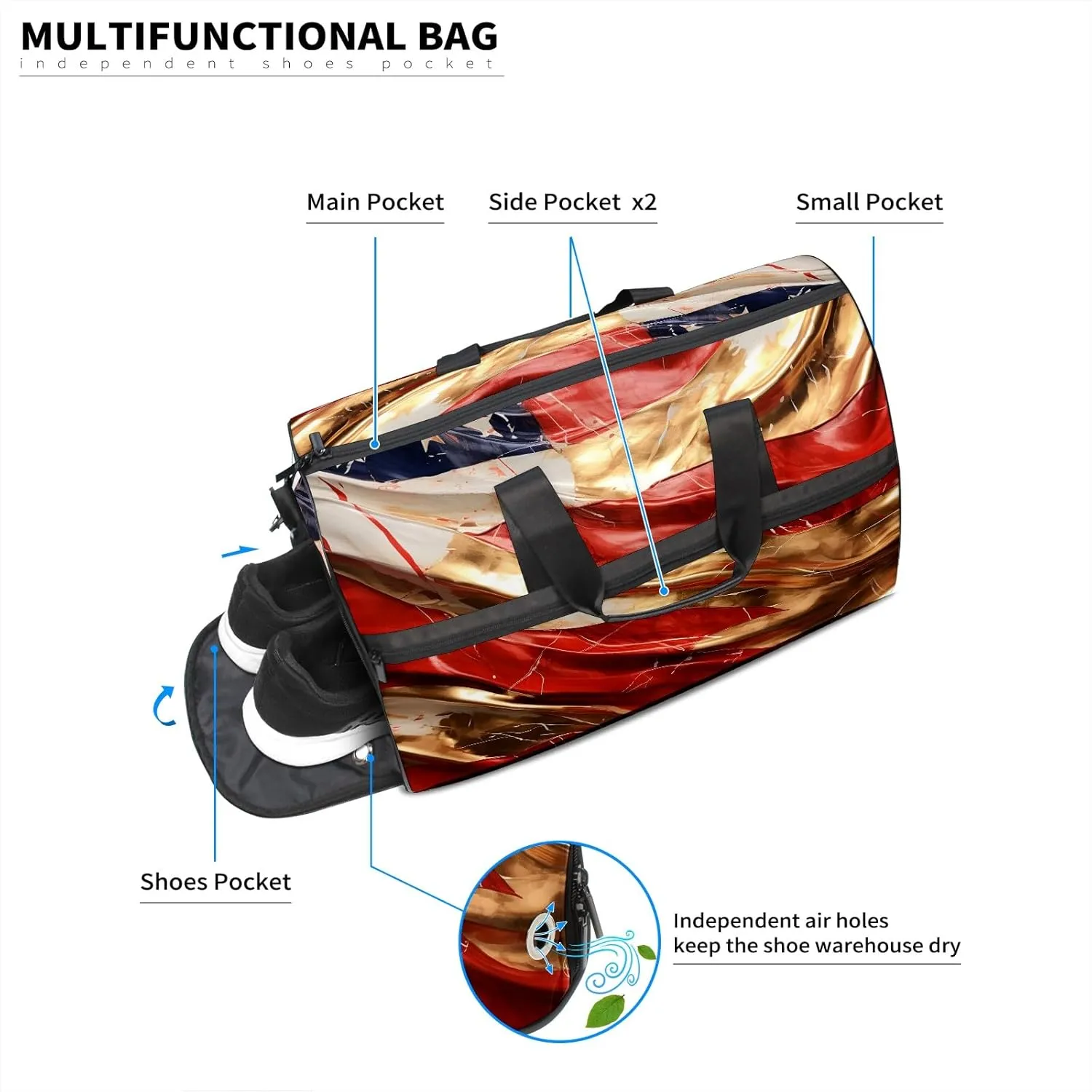 Gym Bag for Women Men, Yoga Bag with Shoe Pocket, Travel Duffel Tote Bag for Plane, Workout, Swimming, Weekend Overnight Bag Carry on Bag Hospital Holdalls, American Flag Marble Gold Red - 2