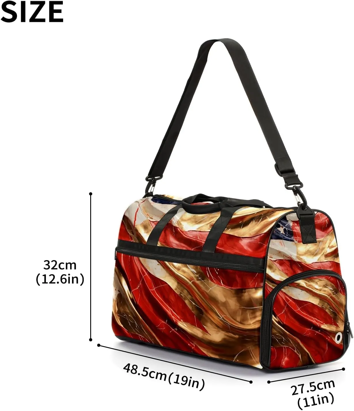 Gym Bag for Women Men, Yoga Bag with Shoe Pocket, Travel Duffel Tote Bag for Plane, Workout, Swimming, Weekend Overnight Bag Carry on Bag Hospital Holdalls, American Flag Marble Gold Red - 2