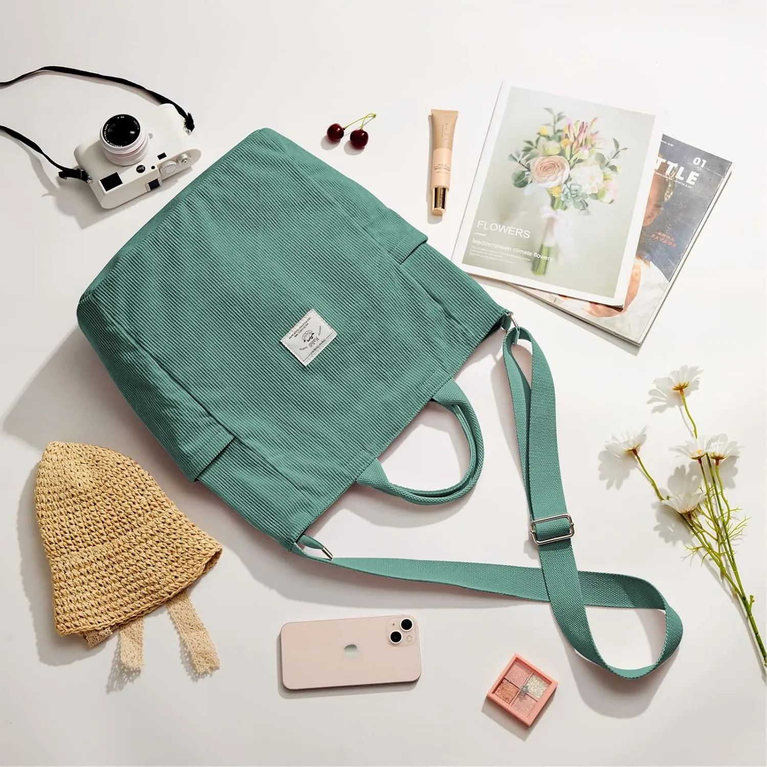 KALIDI Corduroy Tote Bag, Large Messenger Bag Shoulder Hobo Anti Splash Crossbody Zipper Bag Casual Work Shopping Women