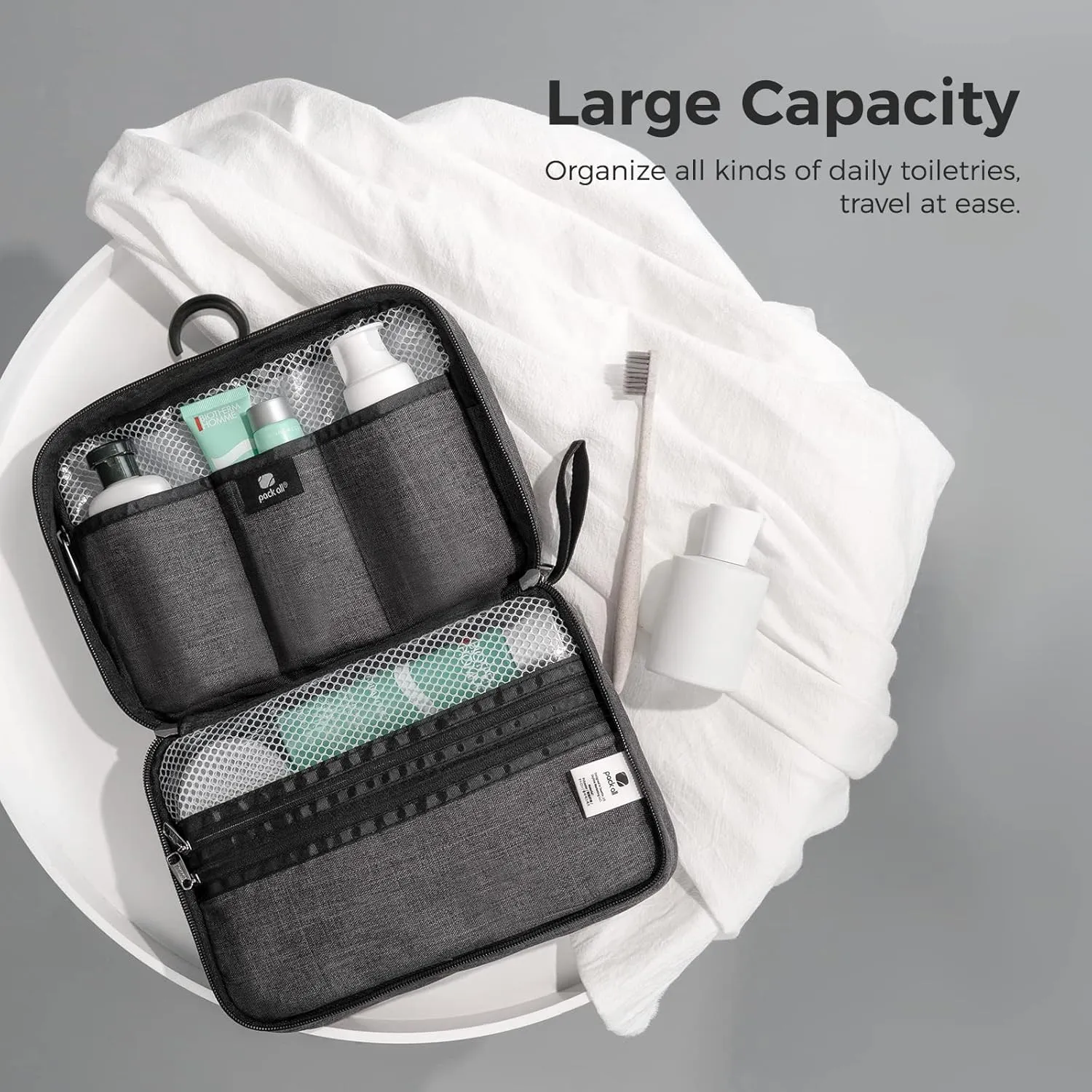 pack all Hanging Travel Toiletry Bag, Water Resistant Travel Bag, Portable Toiletry Shaver, High Capacity Cosmetic Bag Organizer for Women and Men (Grey)