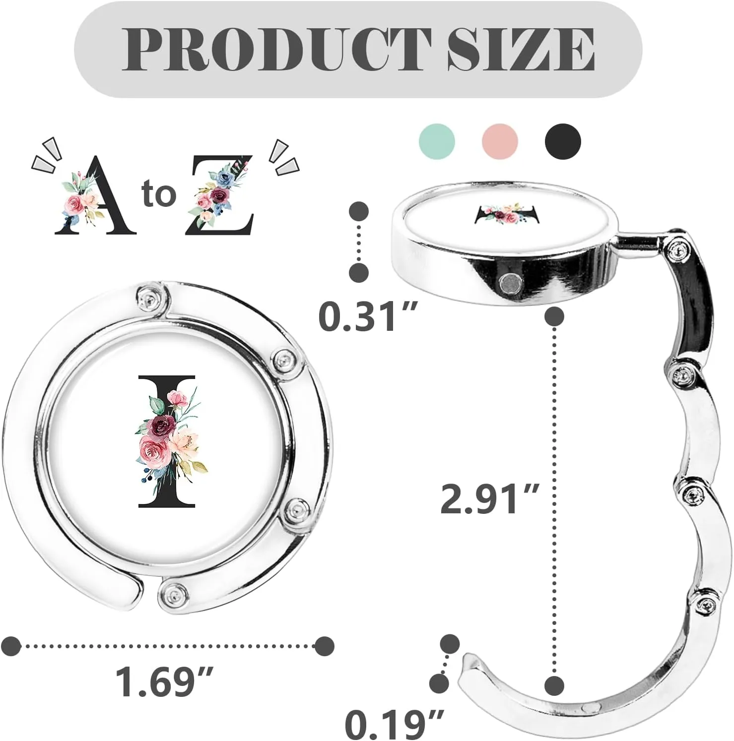 Personalized Initial Foldable Purse Hooks - 3pcs Table Hook Holders, Letter Folding Handbag Hanger, Portable Magnet Holder for Women (Black-I)