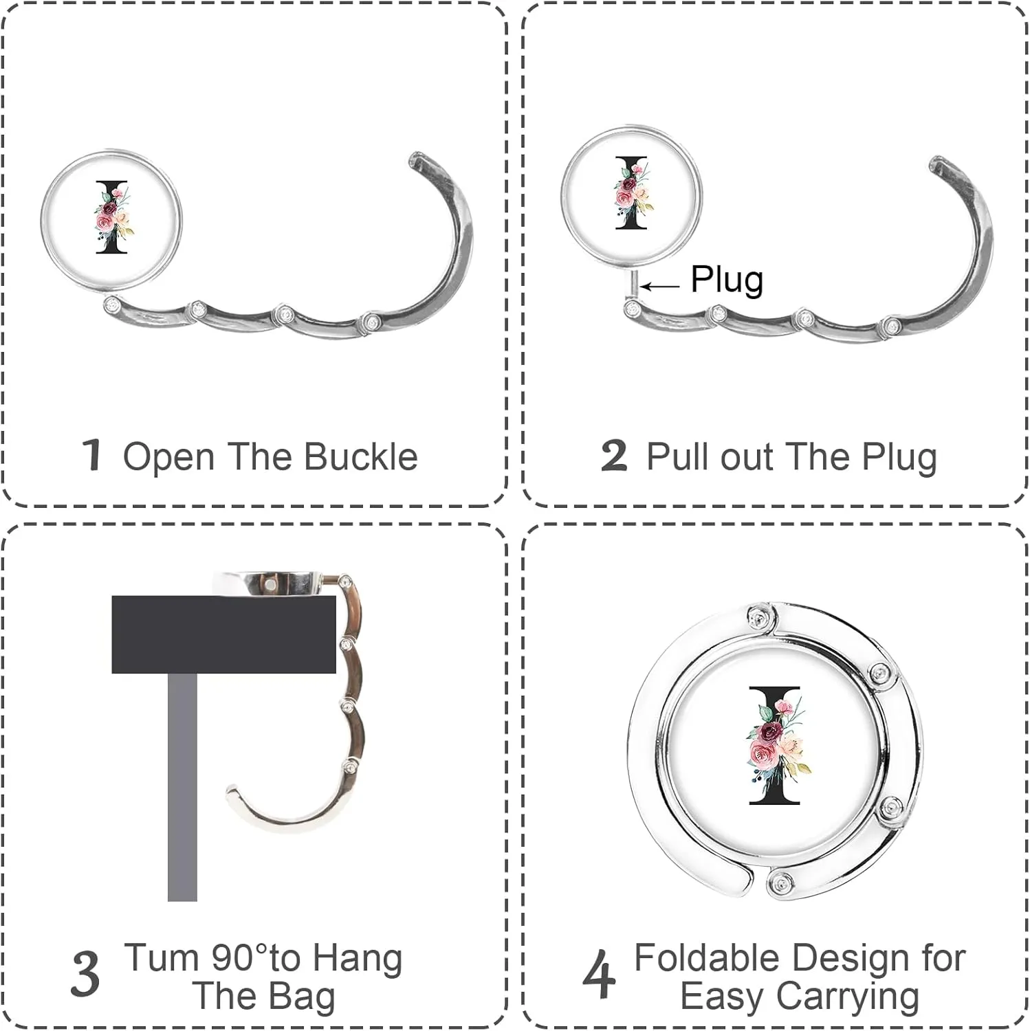 Personalized Initial Foldable Purse Hooks - 3pcs Table Hook Holders, Letter Folding Handbag Hanger, Portable Magnet Holder for Women (Black-I)