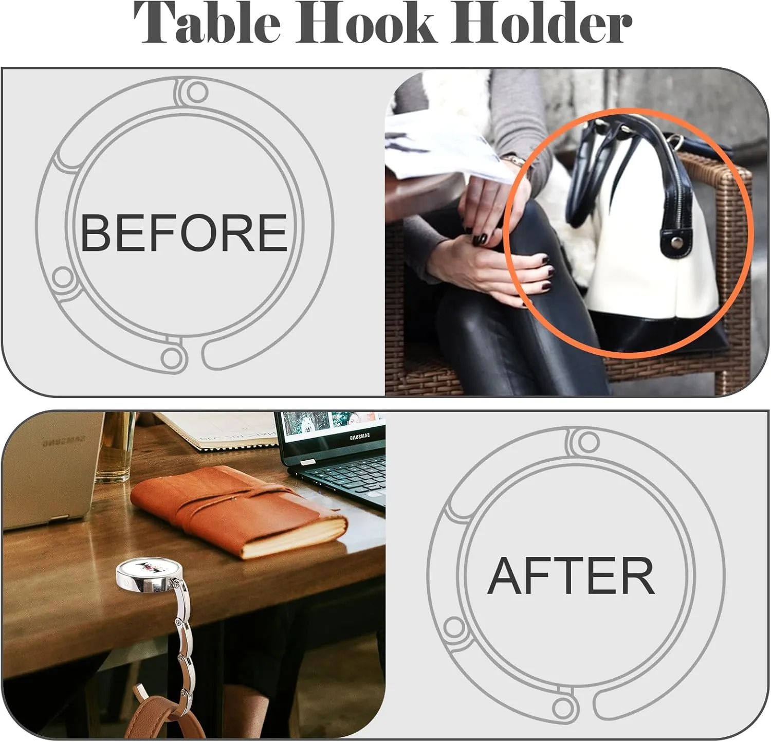Personalized Initial Foldable Purse Hooks - 3pcs Table Hook Holders, Letter Folding Handbag Hanger, Portable Magnet Holder for Women (Black-I)