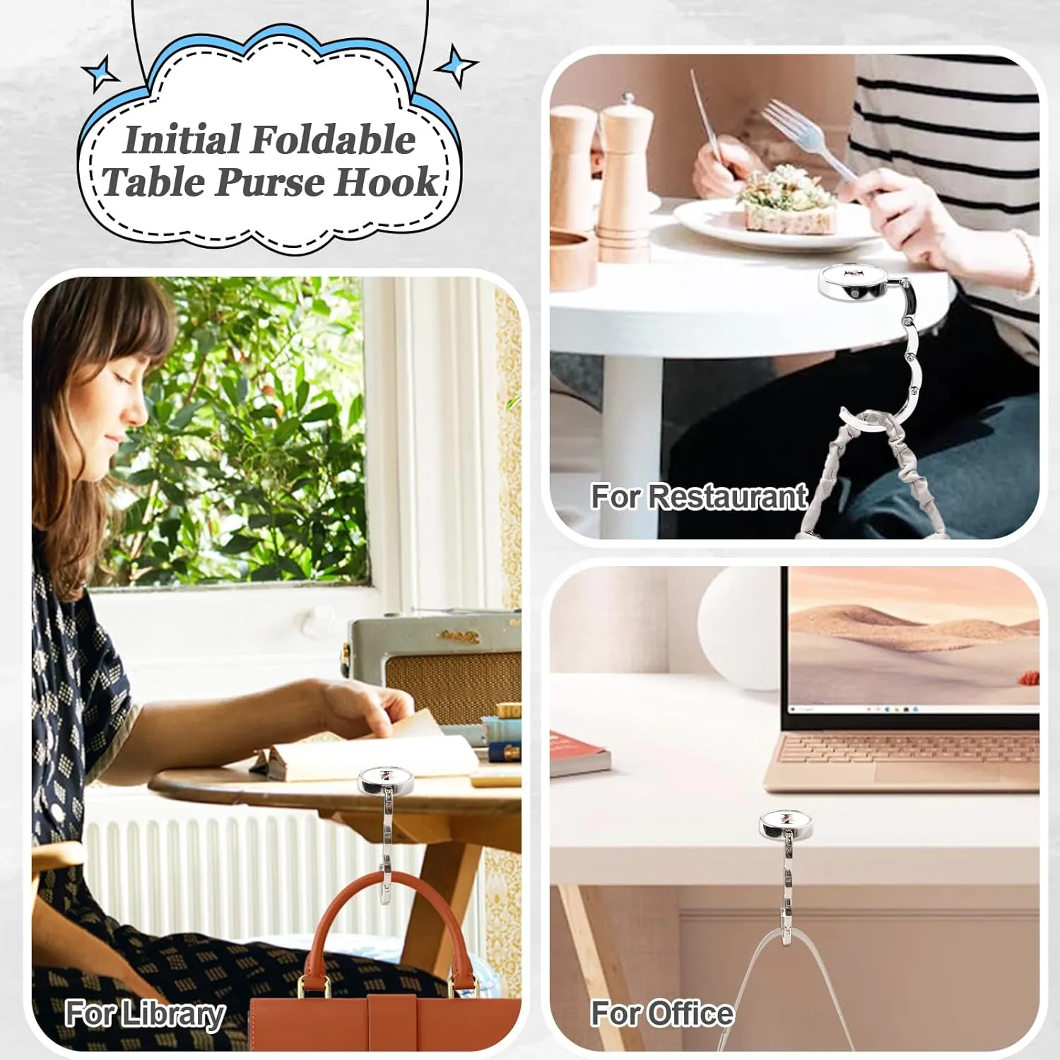 Personalized Initial Foldable Purse Hooks - 3pcs Table Hook Holders, Letter Folding Handbag Hanger, Portable Magnet Holder for Women (Black-I)