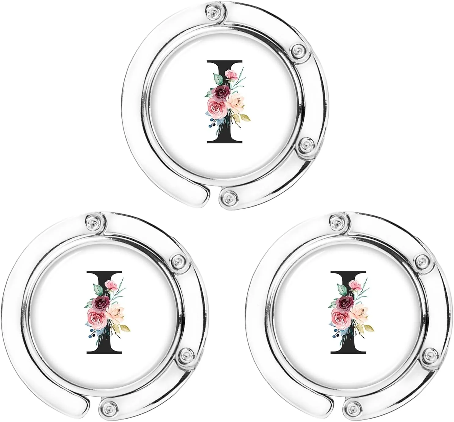 Personalized Initial Foldable Purse Hooks - 3pcs Table Hook Holders, Letter Folding Handbag Hanger, Portable Magnet Holder for Women (Black-I)