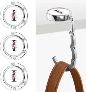 Personalized Initial Foldable Purse Hooks - 3pcs Table Hook Holders, Letter Folding Handbag Hanger, Portable Magnet Holder for Women (Black-I)