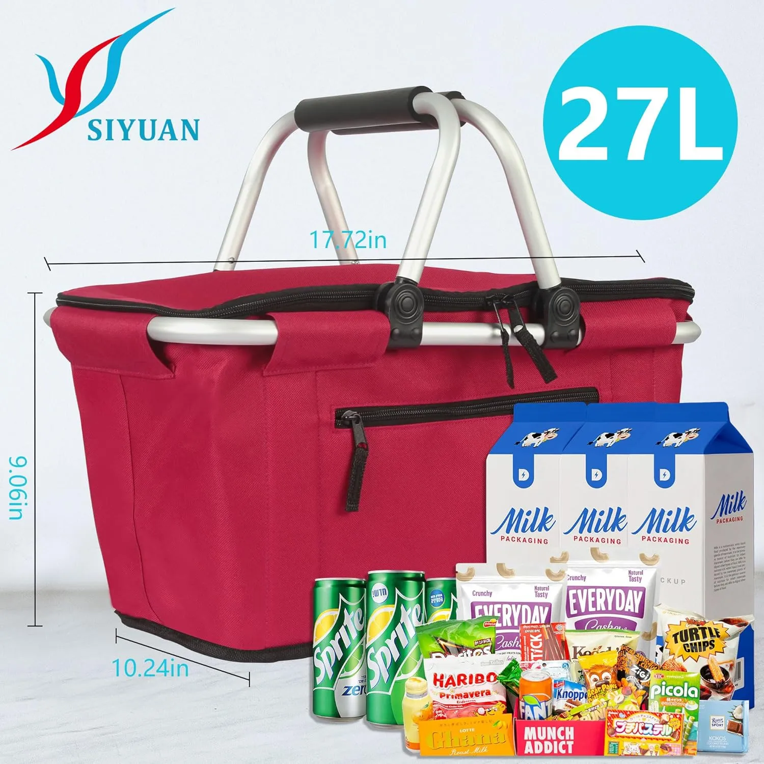Picnic Basket, SIYUAN 27L Collapsible Insulated Farmers Market Basket for Shopping Traveling Large Grocery Tote Bag with Handles Red