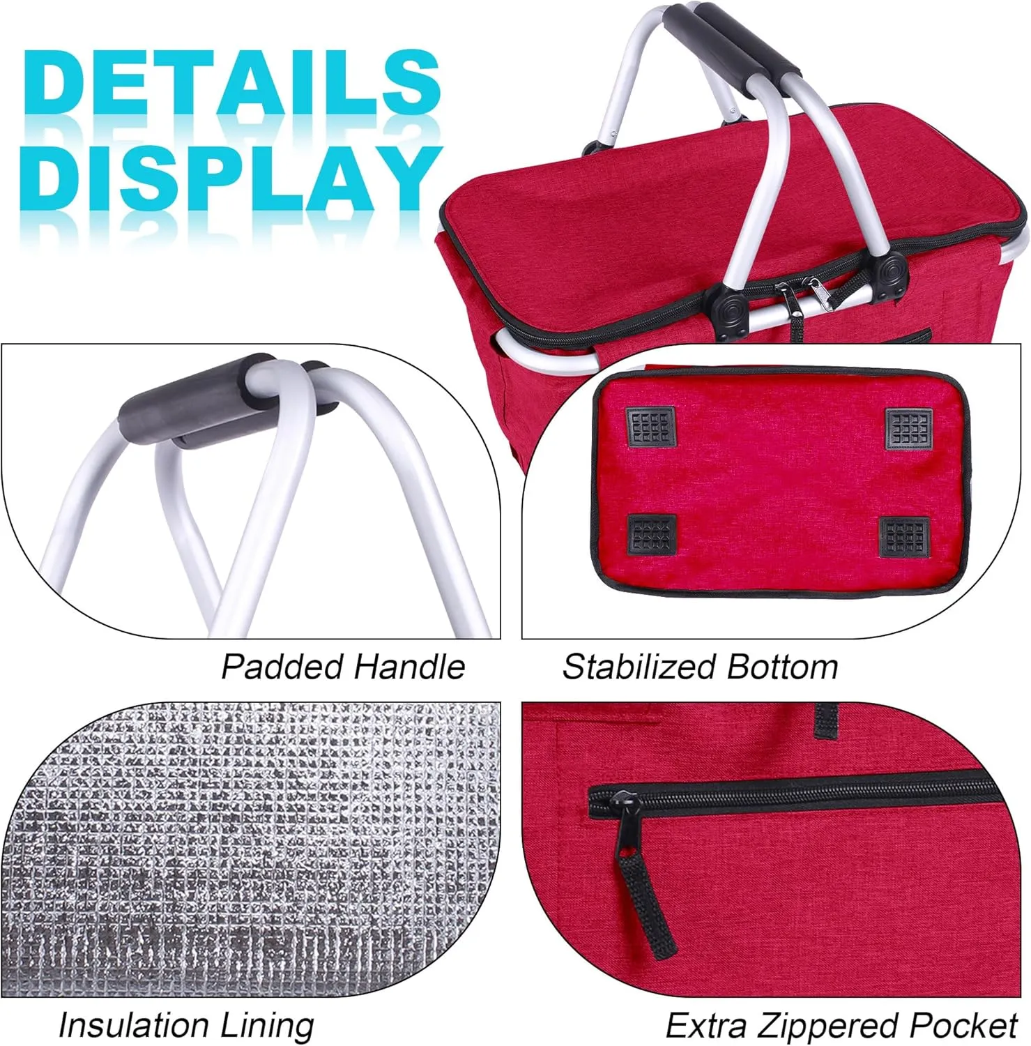 Picnic Basket, SIYUAN 27L Collapsible Insulated Farmers Market Basket for Shopping Traveling Large Grocery Tote Bag with Handles Red