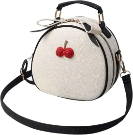 QWINEE Women's Cute Cherry Crossbody Bag Zipper Top Handle Shoulder Handbag PU Leather Mini Circle Purse