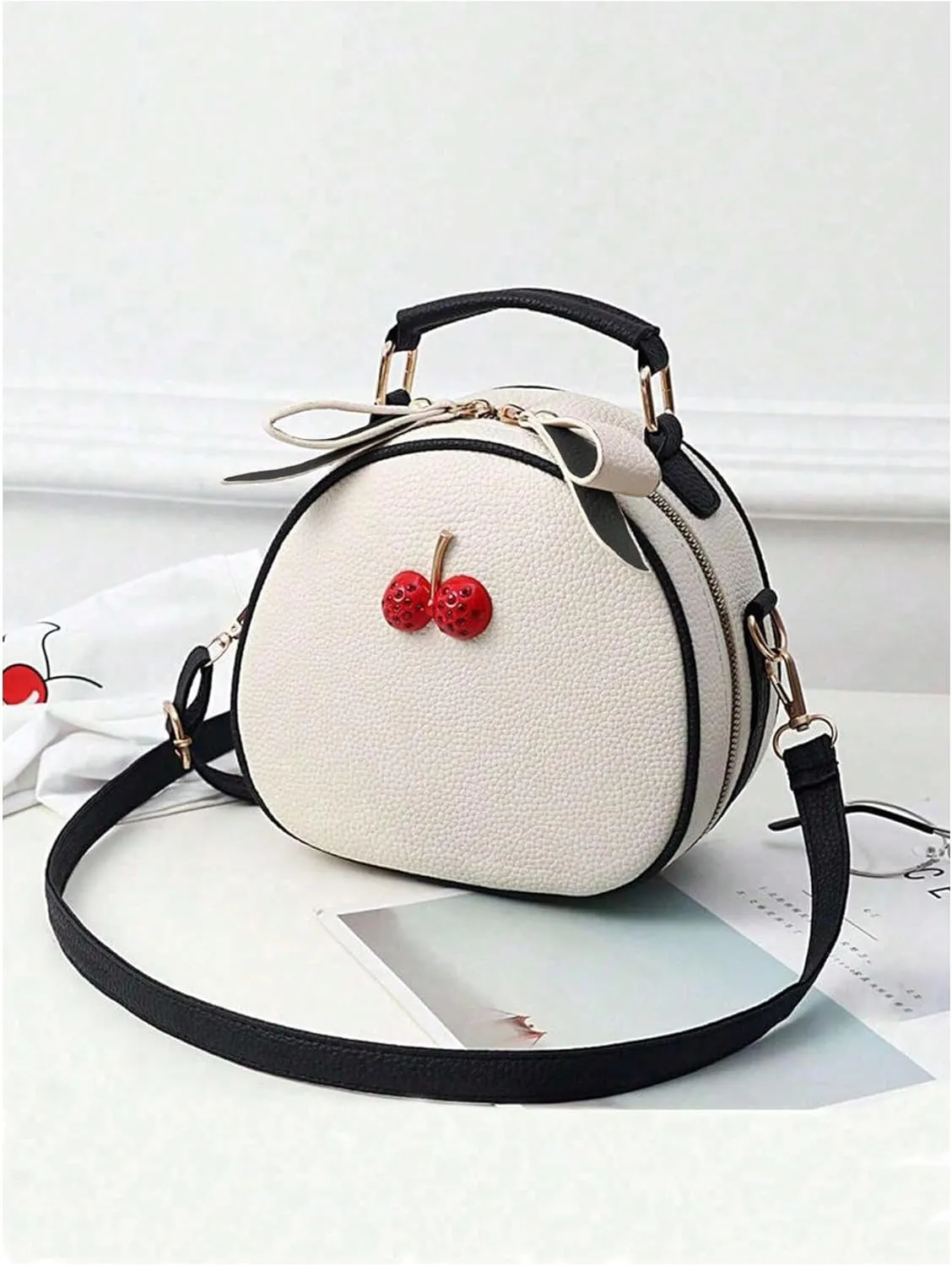 QWINEE Women's Cute Cherry Crossbody Bag Zipper Top Handle Shoulder Handbag PU Leather Mini Circle Purse