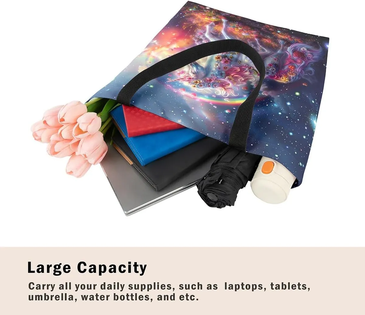Rainbow Unicorn Canvas Tote Bag for Women Cute Cartoon Unicorn Canvas Bag