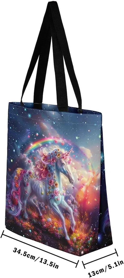 Rainbow Unicorn Canvas Tote Bag for Women Cute Cartoon Unicorn Canvas Bag