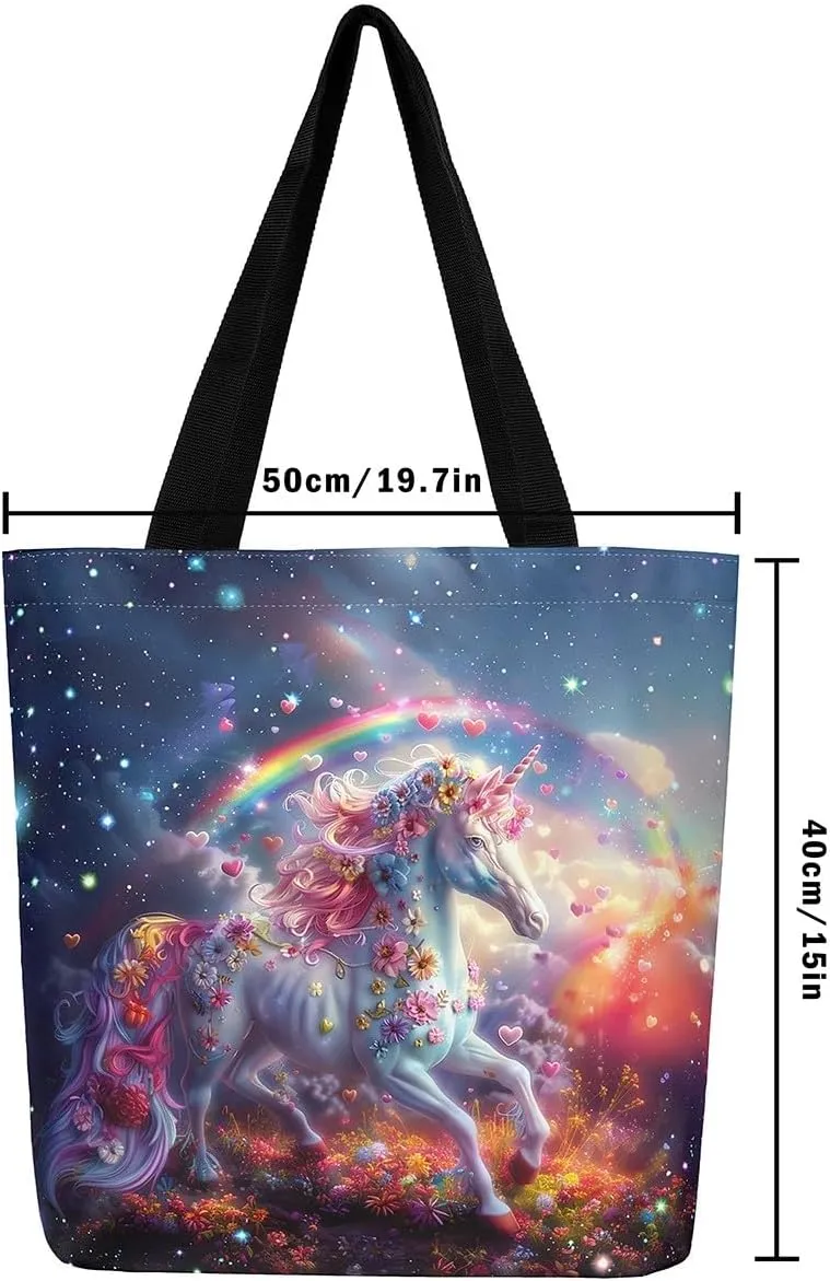 Rainbow Unicorn Canvas Tote Bag for Women Cute Cartoon Unicorn Canvas Bag