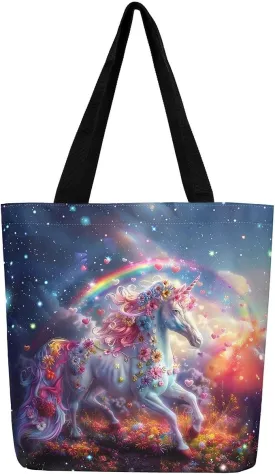 Rainbow Unicorn Canvas Tote Bag for Women Cute Cartoon Unicorn Canvas Bag Rainbow Unicorn Canvas Tote Bag for Women Cute Cartoon Unicorn Canvas Bag