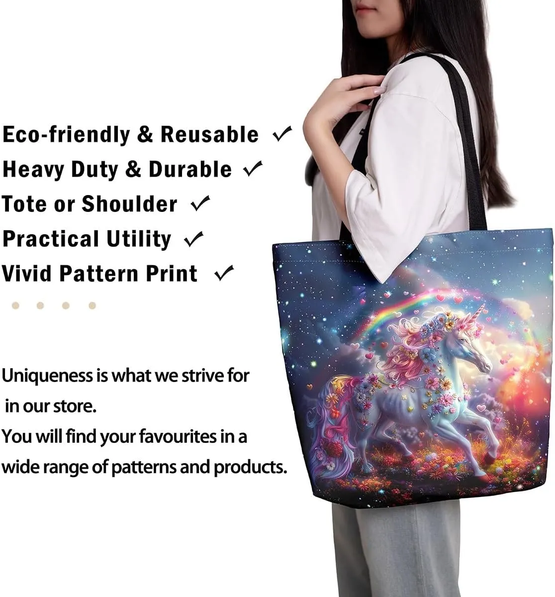 Rainbow Unicorn Canvas Tote Bag for Women Cute Cartoon Unicorn Canvas Bag