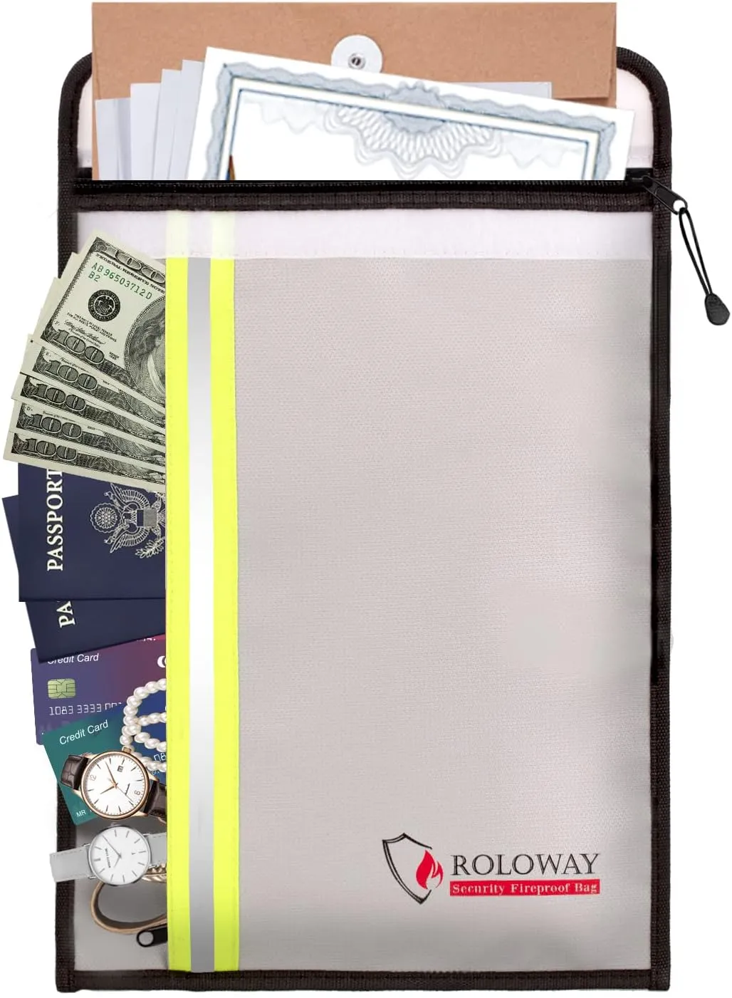 ROLOWAY Fireproof Document Bag (15 x 11 inch) with 2 Pockets & Waterproof Zipper, Fire Safe Envelope Bag for Cash, Legal Documents (Silver)