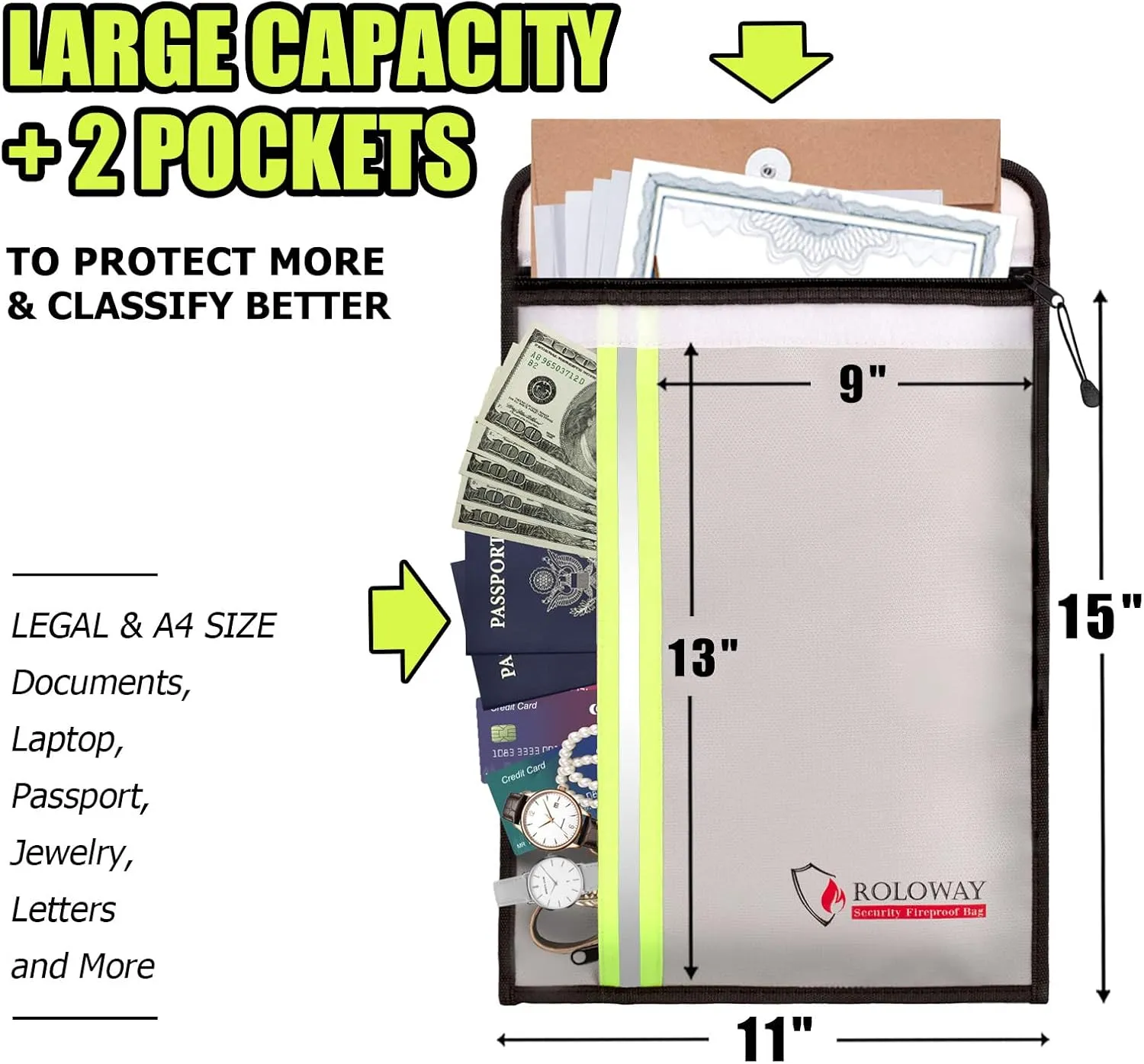 ROLOWAY Fireproof Document Bag (15 x 11 inch) with 2 Pockets & Waterproof Zipper, Fire Safe Envelope Bag for Cash, Legal Documents (Silver)