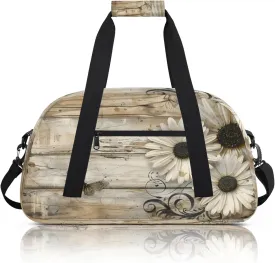Rustic Wood Daisies Small Gym Bag 18 inch Carry On Duffel Bag for Weekender Travel Sports Workout Yoga Gymnastics Dance Ballet