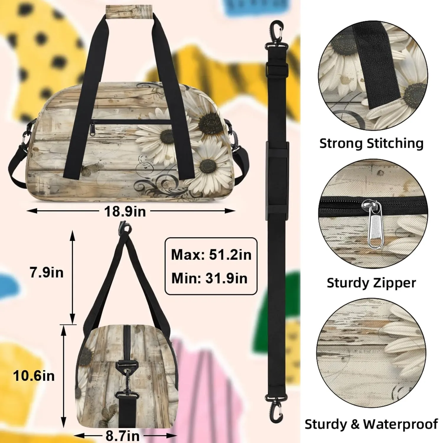 Rustic Wood Daisies Small Gym Bag 18 inch Carry On Duffel Bag for Weekender Travel Sports Workout Yoga Gymnastics Dance Ballet
