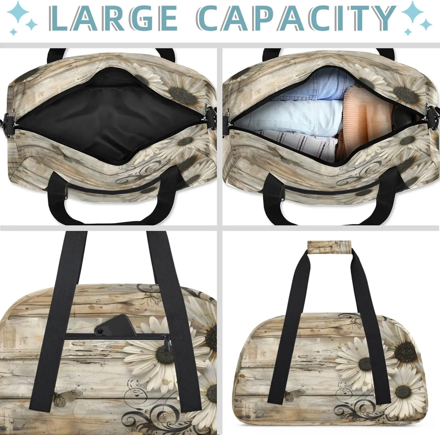 Rustic Wood Daisies Small Gym Bag 18 inch Carry On Duffel Bag for Weekender Travel Sports Workout Yoga Gymnastics Dance Ballet