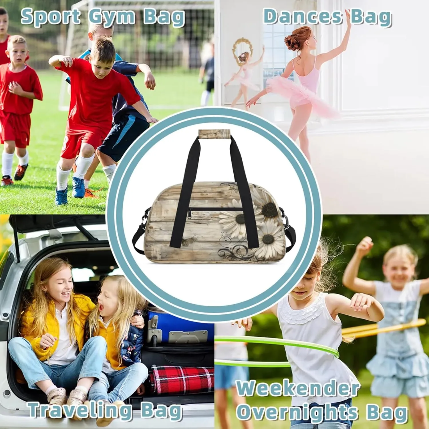 Rustic Wood Daisies Small Gym Bag 18 inch Carry On Duffel Bag for Weekender Travel Sports Workout Yoga Gymnastics Dance Ballet