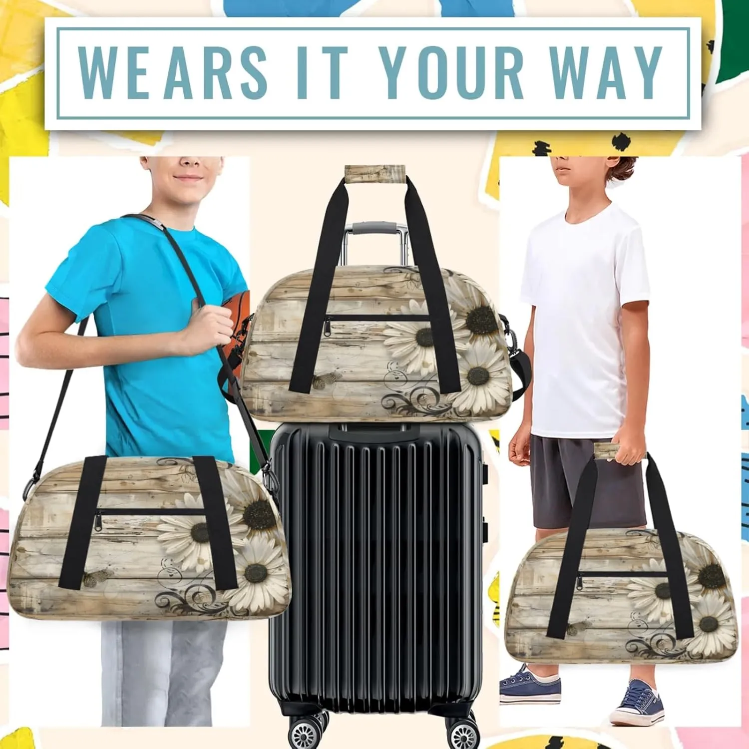 Rustic Wood Daisies Small Gym Bag 18 inch Carry On Duffel Bag for Weekender Travel Sports Workout Yoga Gymnastics Dance Ballet