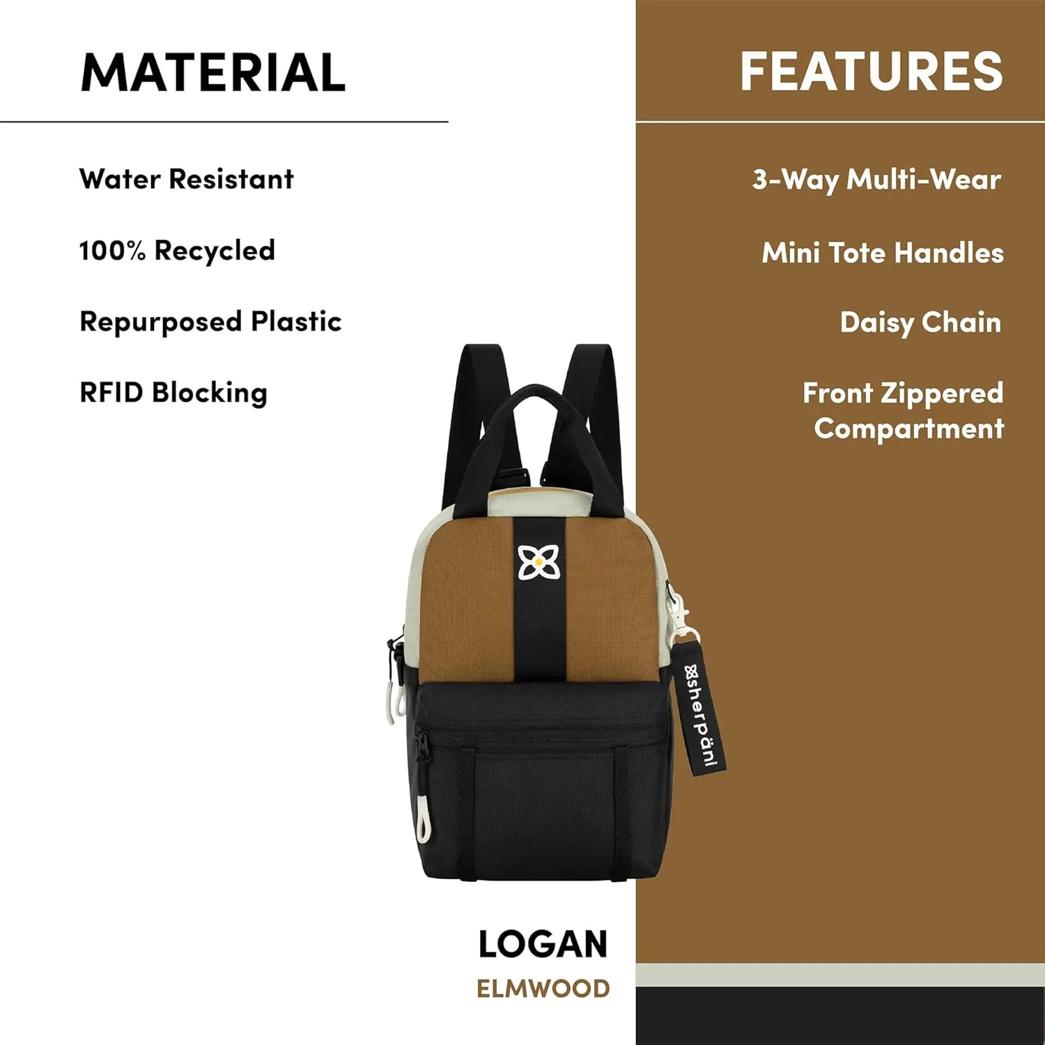 Sherpani Logan, Mini Backpack for Women, Travel Backpack Purse, Nylon Tote Bag for Women, RFID Protection (Elmwood)