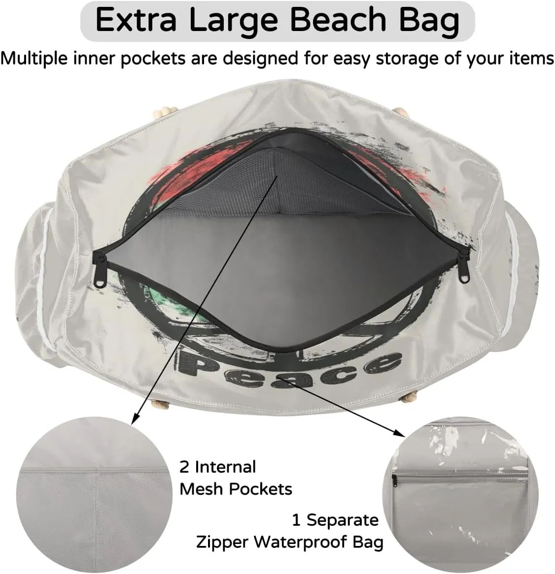 Tote Beach Bag for Women Large Zipper Beach Bags Waterproof Sandproof Gym Swim Pool Travel Bag