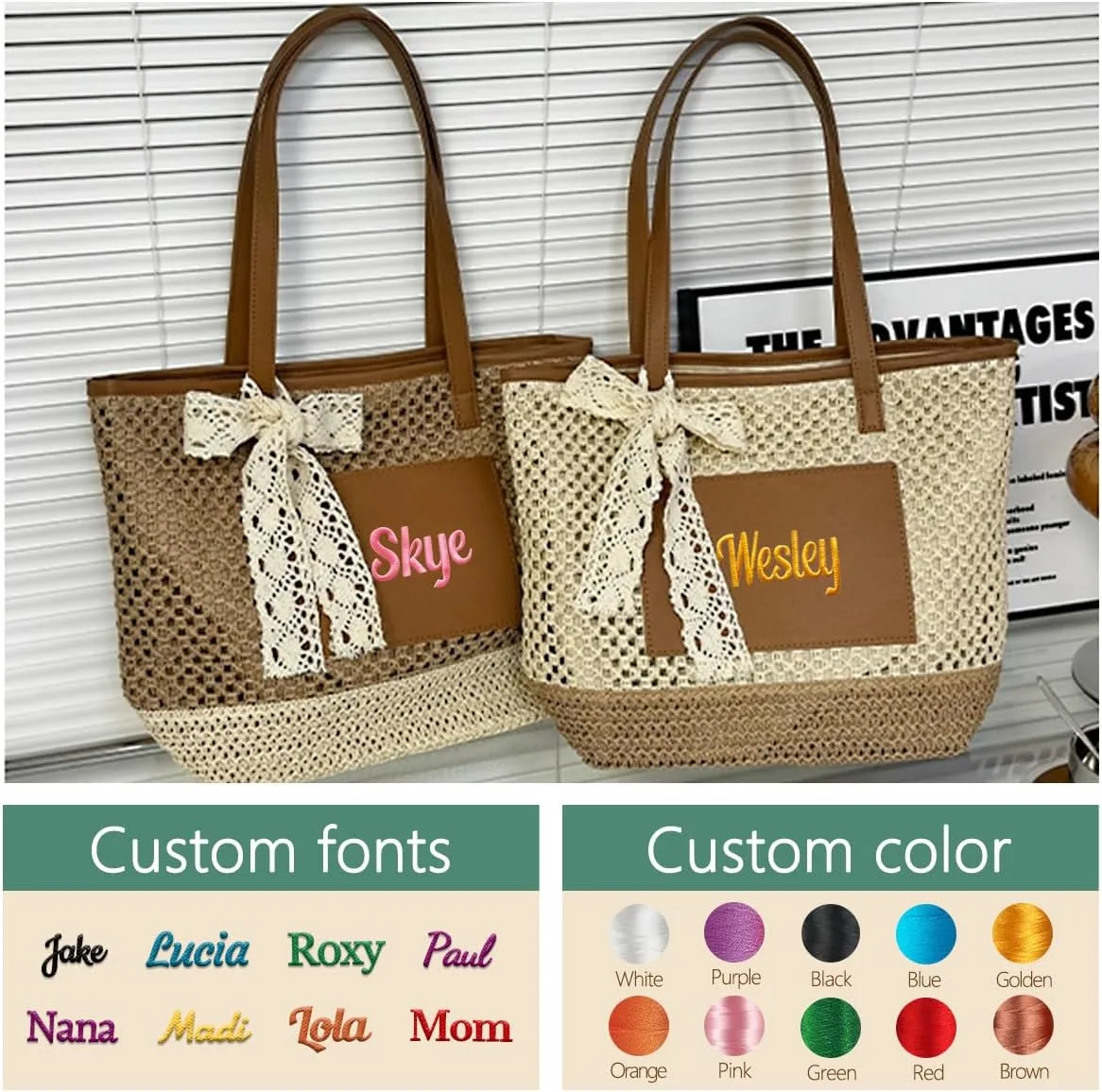 Ulico Personalized Straw Beach Bags for Women, Large Tote Bag with Embroidered Name Lightweight Foldable Shoulder Bag