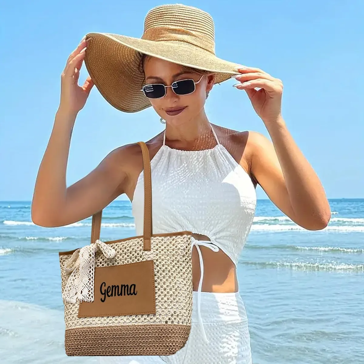 Ulico Personalized Straw Beach Bags for Women, Large Tote Bag with Embroidered Name Lightweight Foldable Shoulder Bag