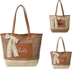 Ulico Personalized Straw Beach Bags for Women, Large Tote Bag with Embroidered Name Lightweight Foldable Shoulder Bag