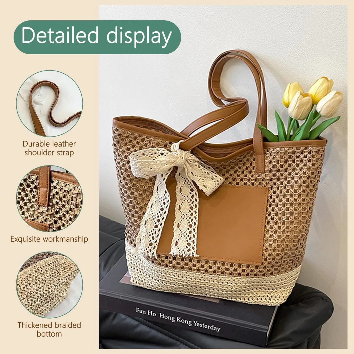 Ulico Personalized Straw Beach Bags for Women, Large Tote Bag with Embroidered Name Lightweight Foldable Shoulder Bag