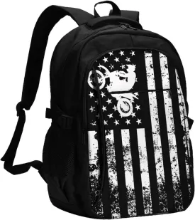 Vintage American Motorcycle Flag Dirt Bike Rider Motocross Travel Backpack Laptop Backpacks Business Rucksack Outdoor Daypack Large Sport Bag with Luggage Strap USB Charging Port for Hiking