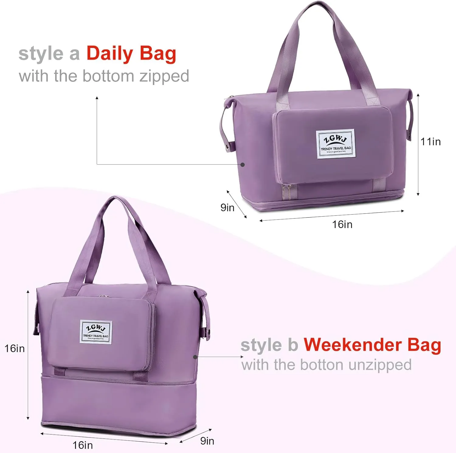 ZGWJ Travel Tote Bags, Expandable Overnight Weekender Bag for Women Foldable Carry-On